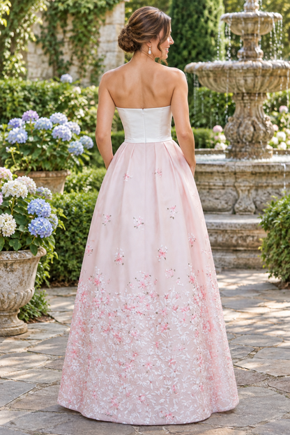 Strapless Floral A-Line Gown with Bow Waistband
