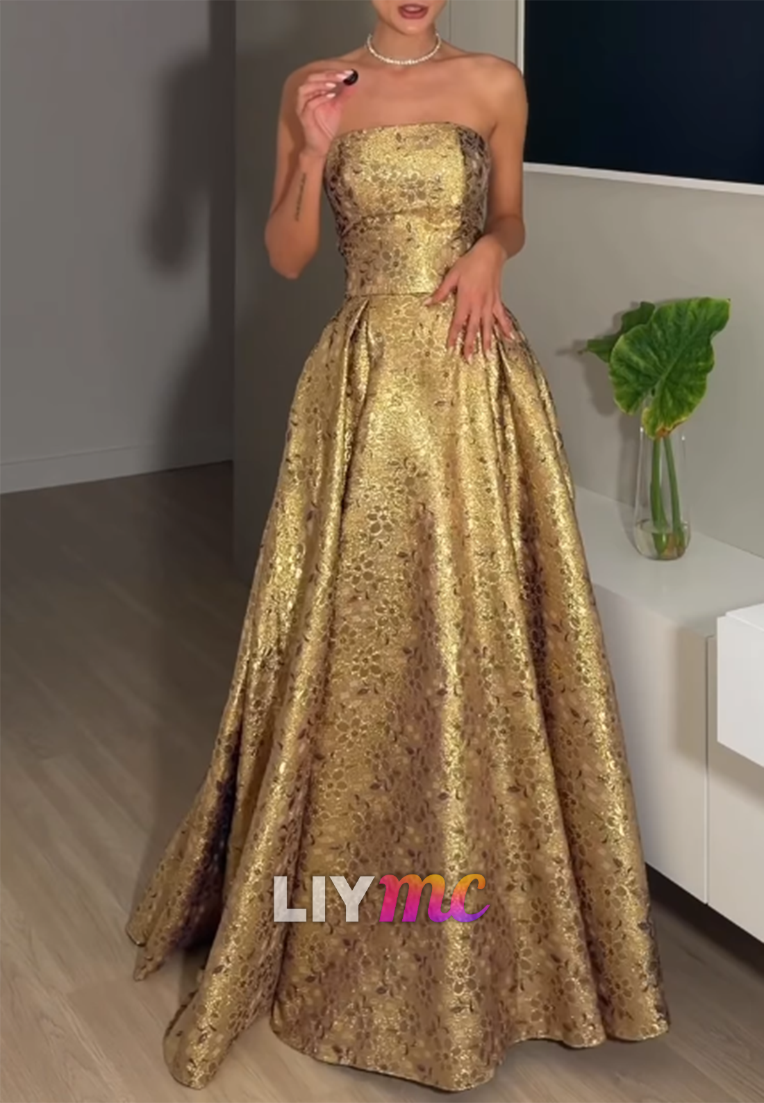 Strapless Jacquard Ball Gown with Pleated Skirt
