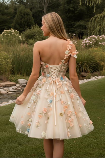 One-Shoulder A-Line Tulle Dress with 3D Flowers