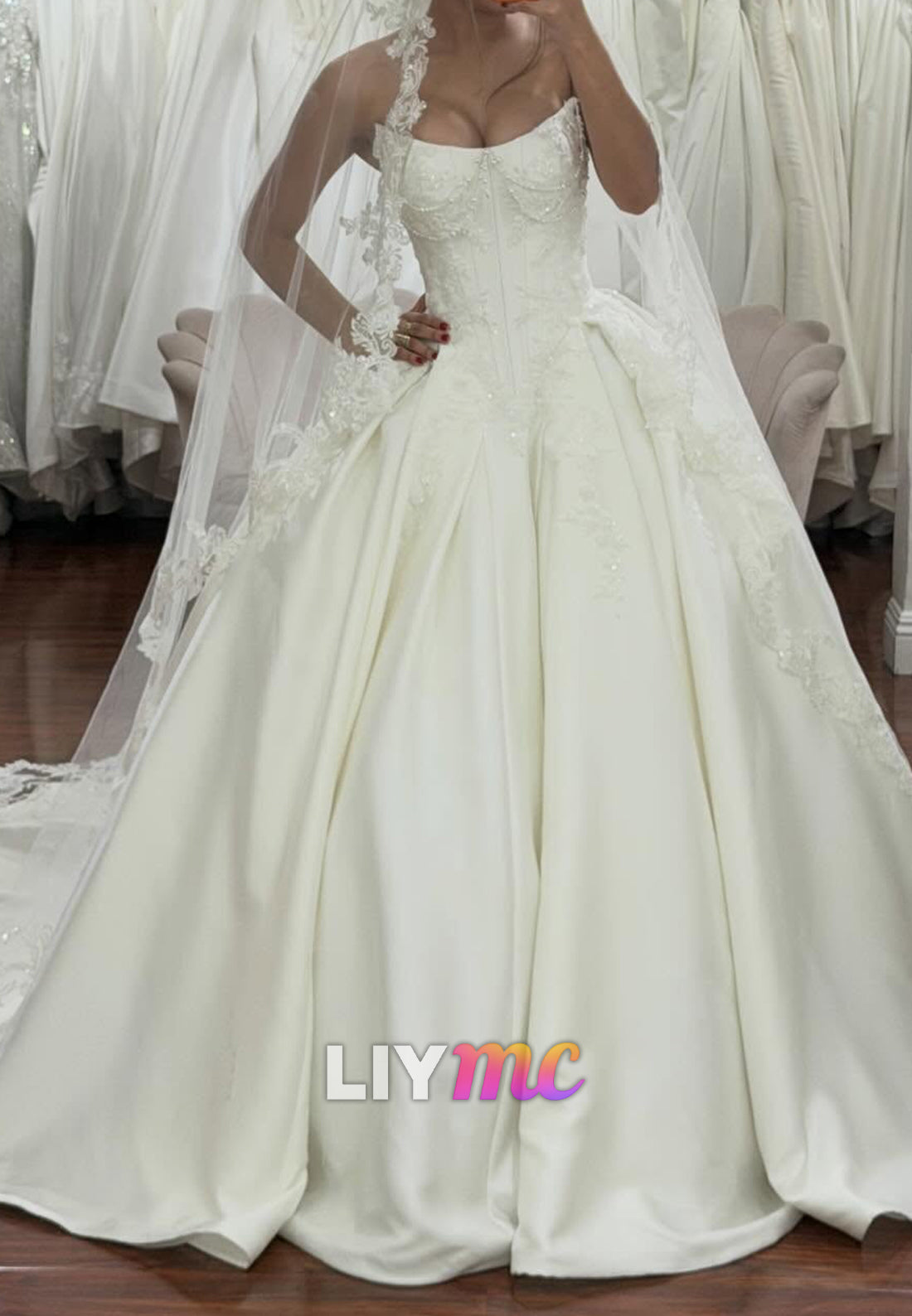 Beaded Corset Ball Gown Wedding Dress with Lace Trim