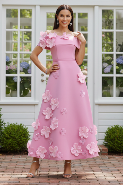 3D Floral Off-the-Shoulder A-Line Maxi Dress