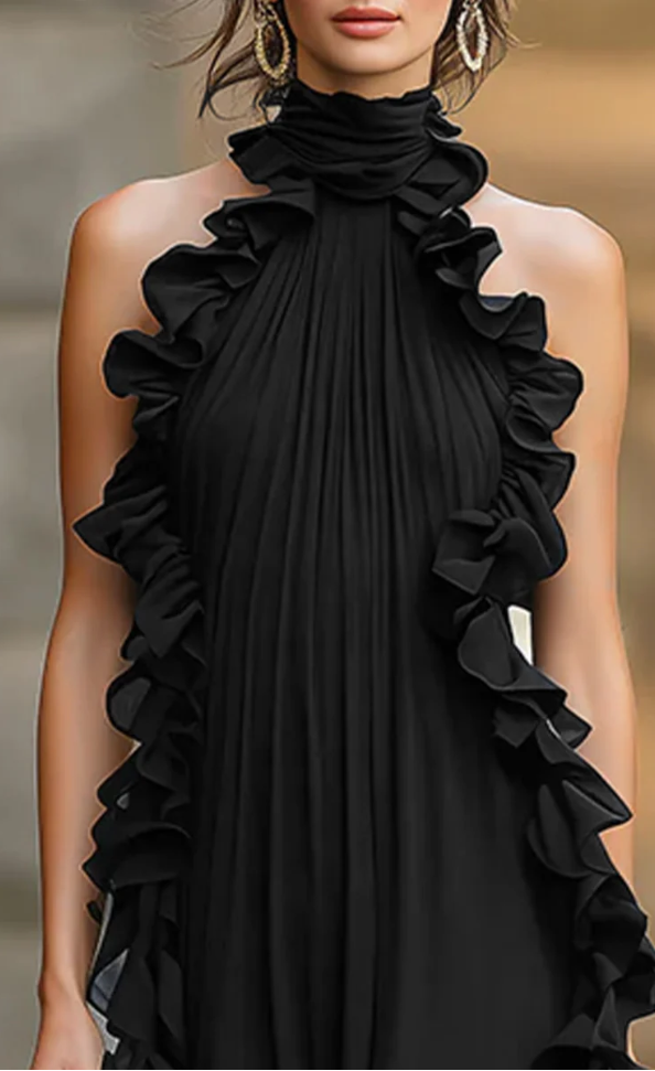 Sleeveless Ruffle-Trimmed Pleated Evening Gown