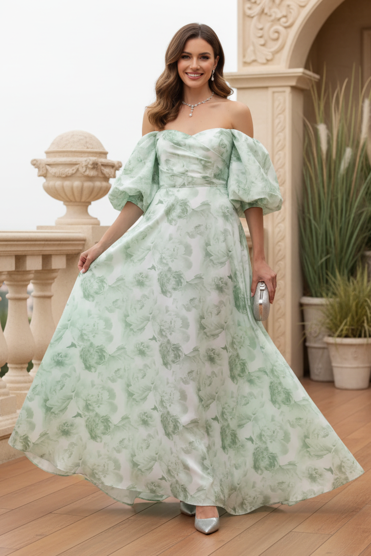 Off-Shoulder Floral Puff Sleeve Gown