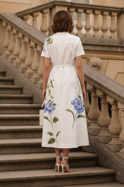 Floral Print Short Sleeve Midi Shirt Dress