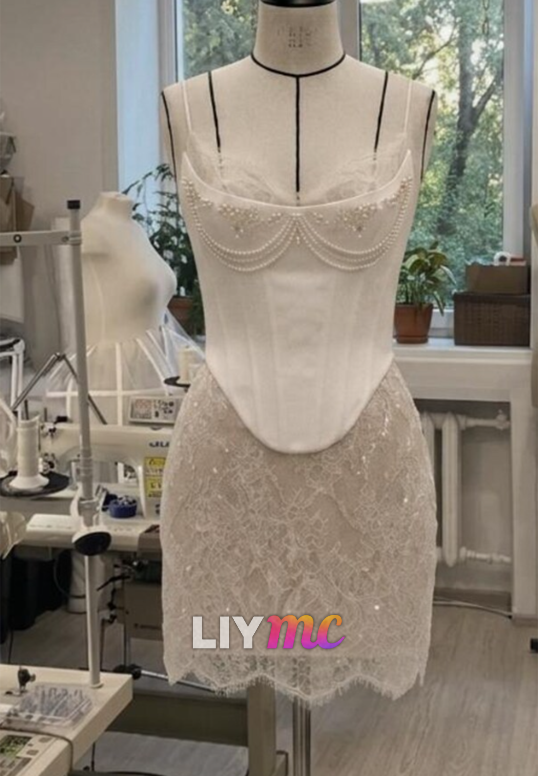 Corset Lace Mini Wedding Dress with Pearls