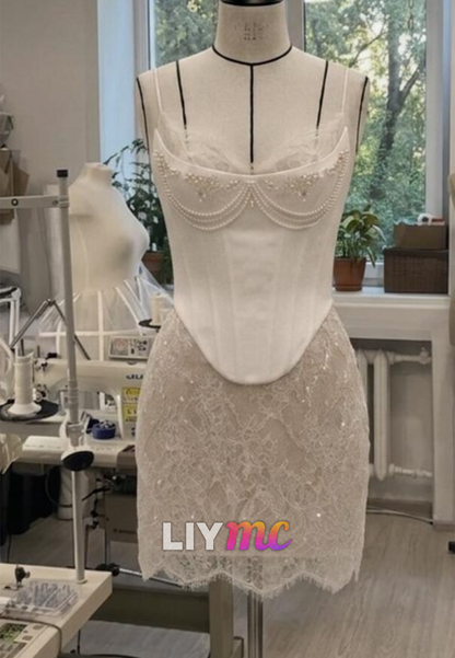 Corset Lace Mini Wedding Dress with Pearls