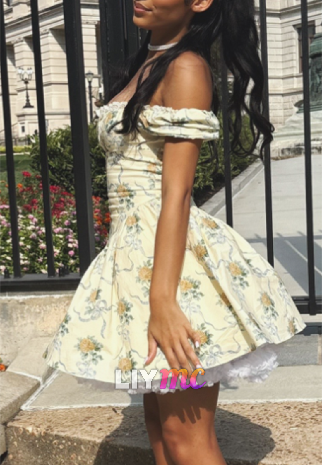 Vintage Floral Off-the-Shoulder Mini Dress
