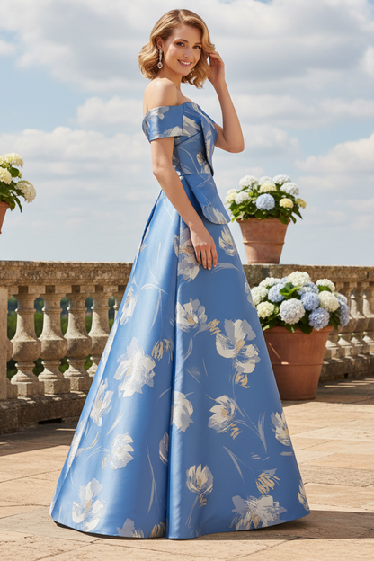 Off-the-Shoulder Asymmetrical Peplum Floral Gown
