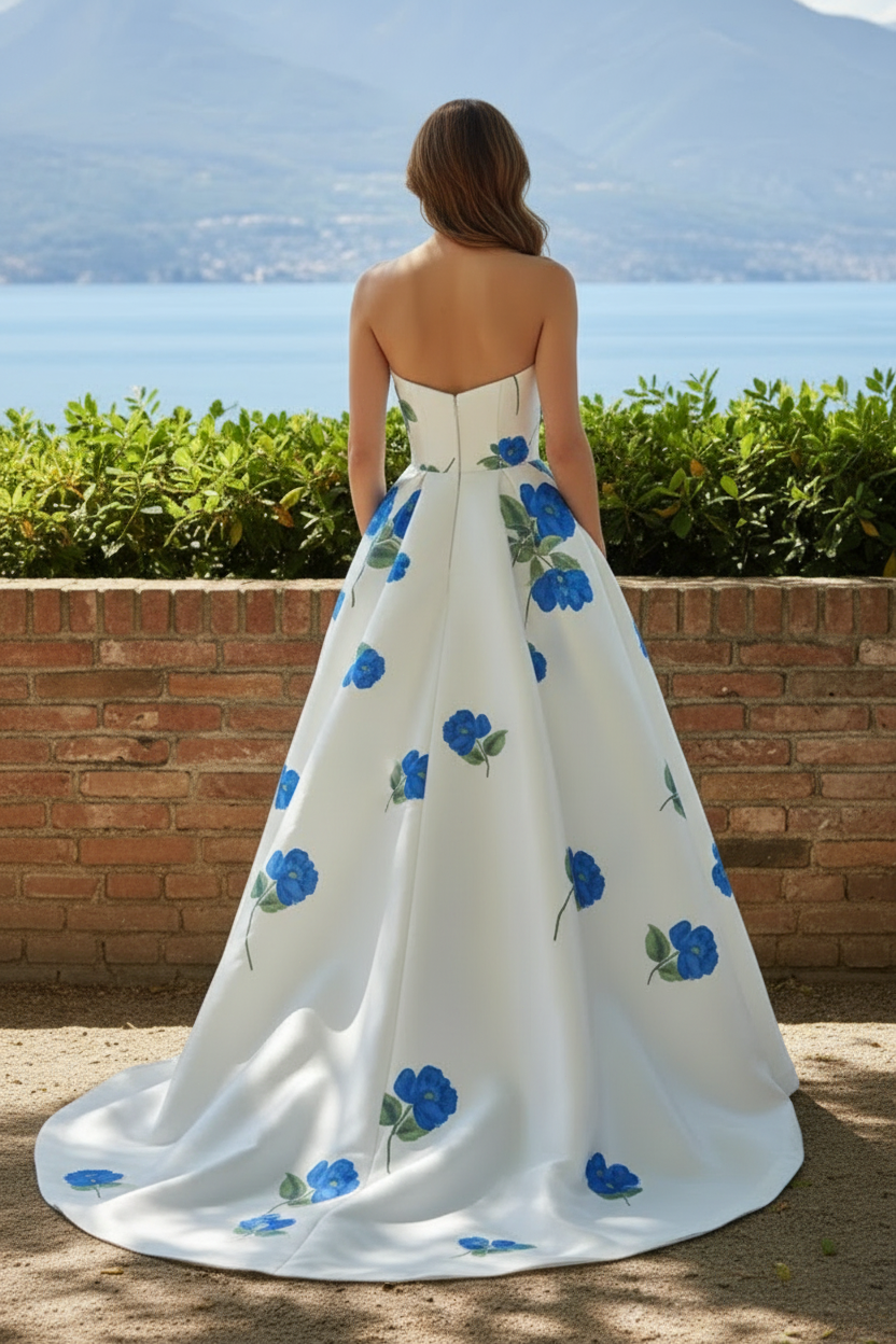 Strapless Floral Print Satin A-Line Ball Gown