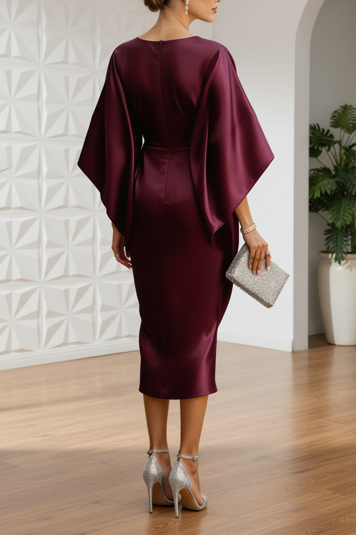Elegant Satin Bateau Neck Drape Midi Dress