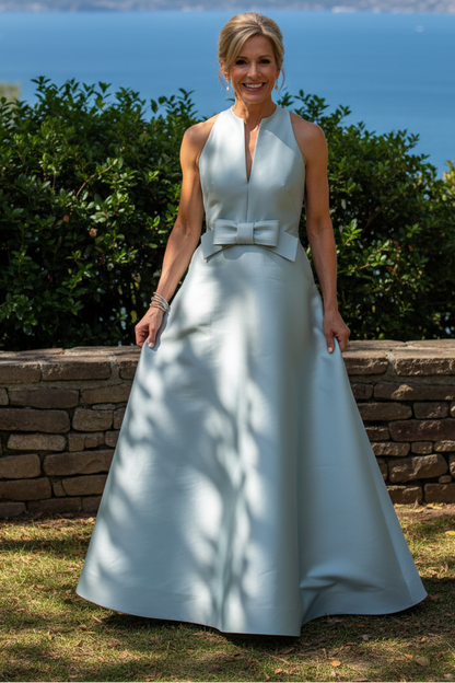 Sleeveless Split-Neck A-Line Gown with Waist Bow