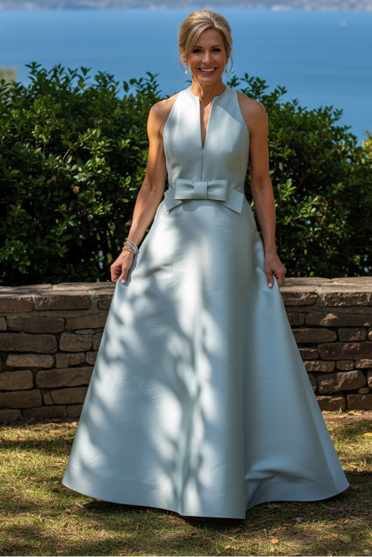 Sleeveless Split-Neck A-Line Gown with Waist Bow