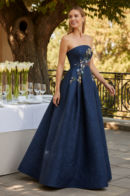 Strapless Jacquard A-Line Gown with Floral Embroidery