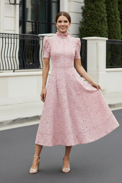 High-Neck Lace Midi Dress with 3D Floral Collar