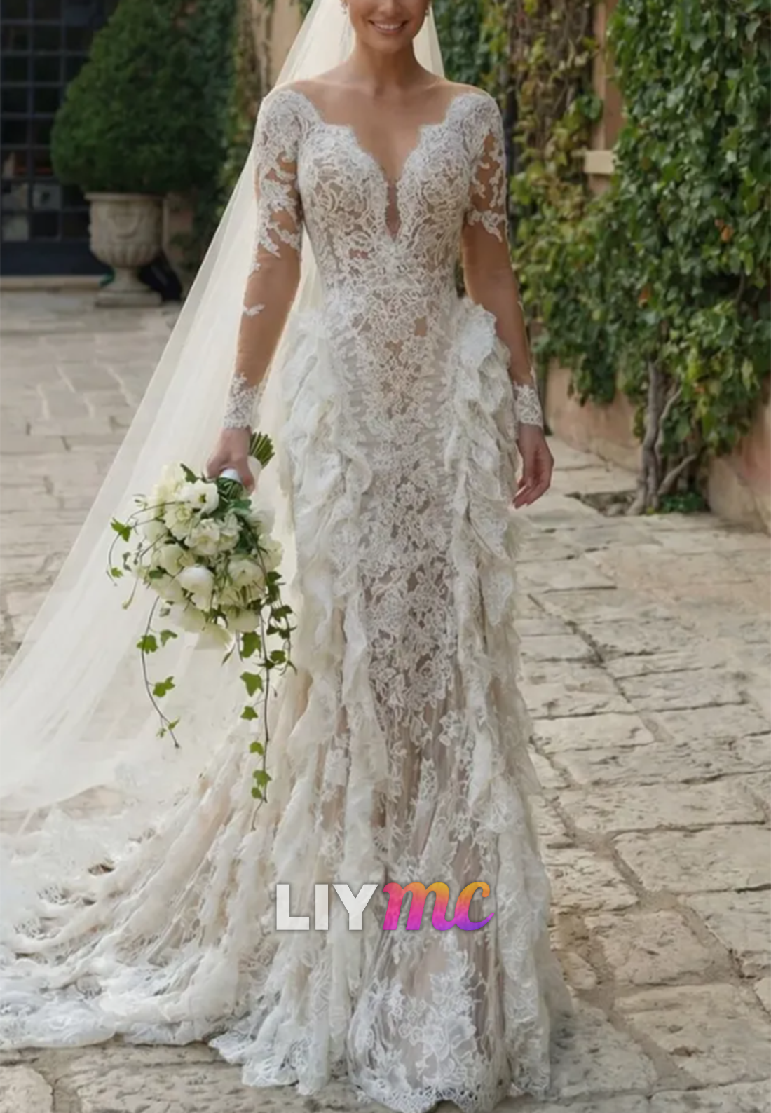 Long Sleeve Illusion Lace Mermaid Wedding Gown