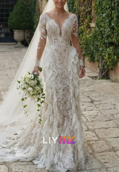 Long Sleeve Illusion Lace Mermaid Wedding Gown