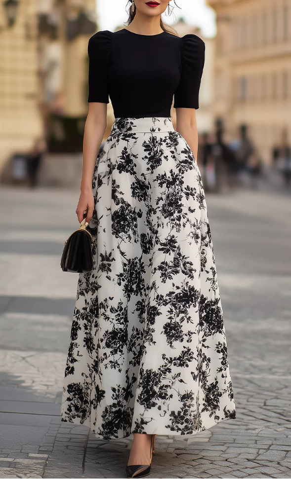 Puff Sleeve Floral Print A-Line Maxi Dress