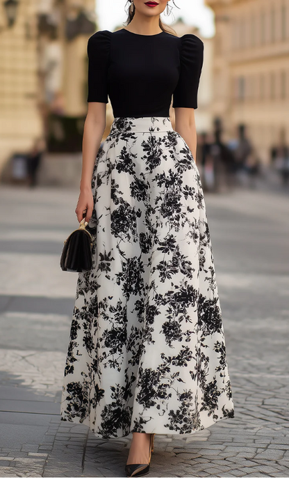 Puff Sleeve Floral Print A-Line Maxi Dress