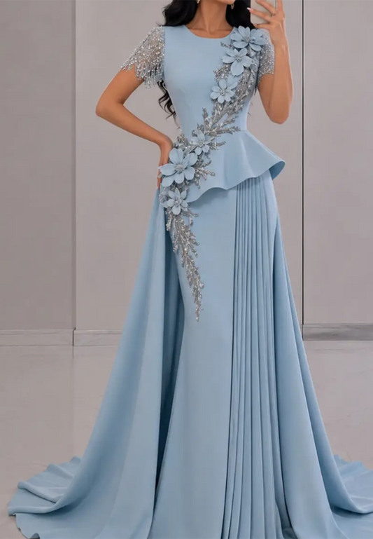 3D Floral Applique Column Gown with Beaded Fringe Sleeves