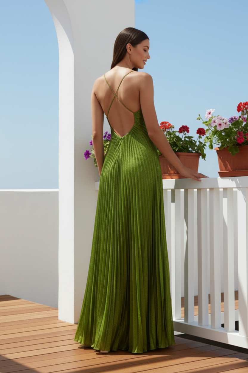 Metallic Pleated Gown with 3D Rosette Detail