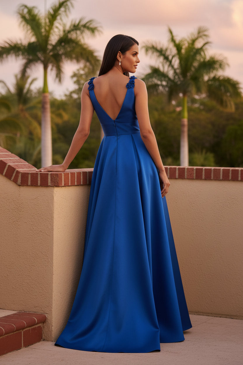 A-Line V-Neck Pleated Satin Gown with 3D Florals