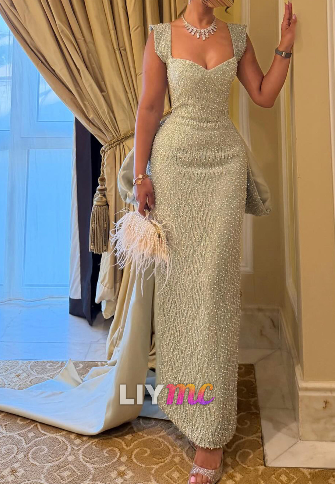 Beaded Sweetheart Evening Gown with Detachable Train