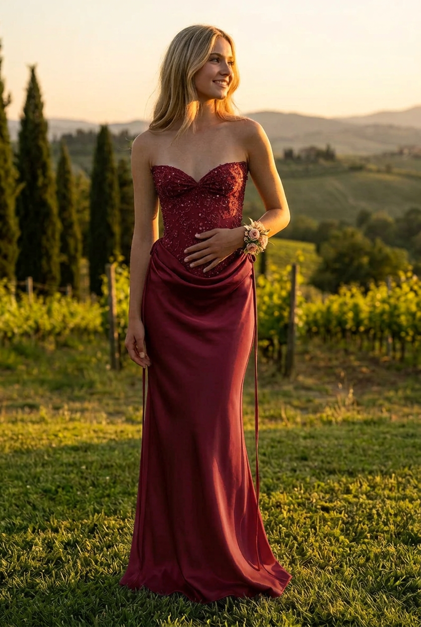 Strapless Beaded Corset Maxi Dress with Cowl