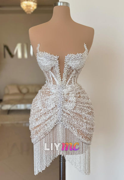 Strapless Beaded Pearl Corset Mini Dress with Fringe