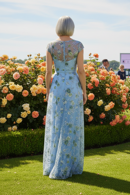 Embroidered Cap Sleeve A-Line Evening Dress