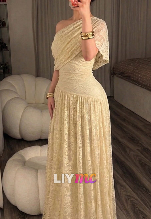 Asymmetrical One-Shoulder Lace Evening Gown
