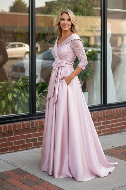 Elegant A-Line Satin and Lace Evening Gown with Pockets