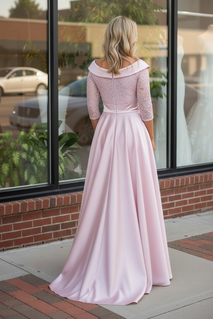 Elegant A-Line Satin and Lace Evening Gown with Pockets