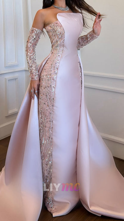 Strapless Column Gown with Overskirt and Sleeves