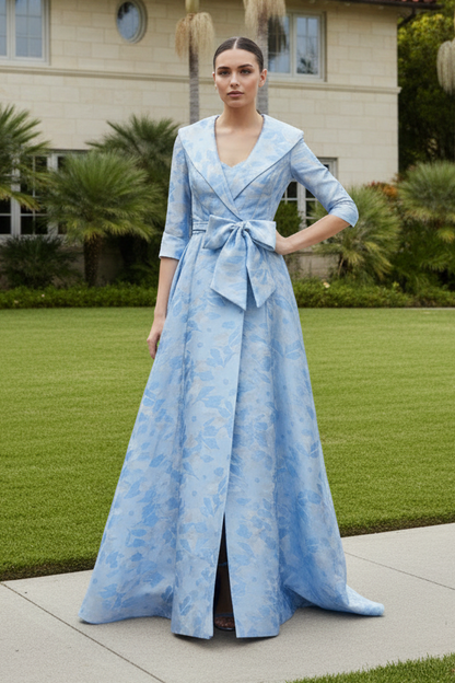 Metallic Floral Jacquard A-Line Evening Gown