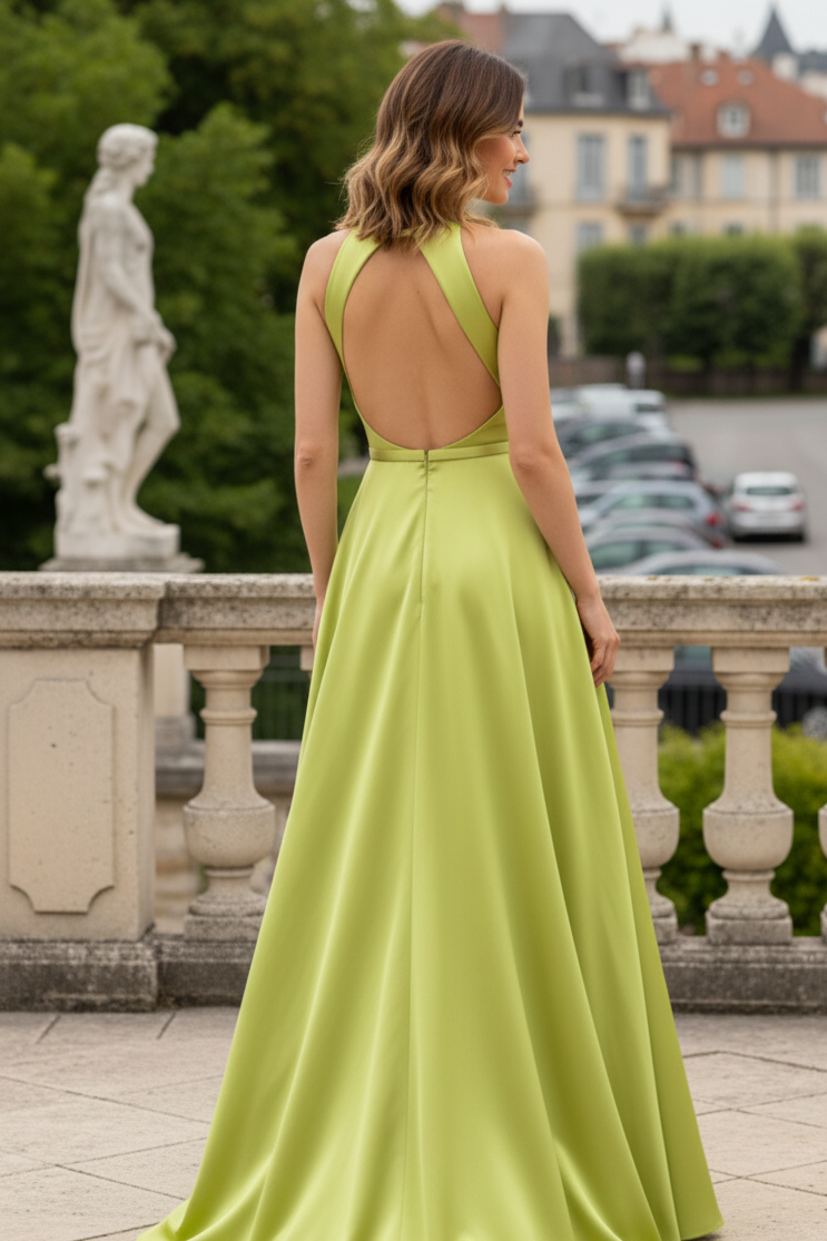 Sleeveless High-Neck Satin A-Line Evening Gown