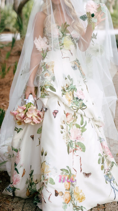 Floral Print Ball Gown Wedding Dress