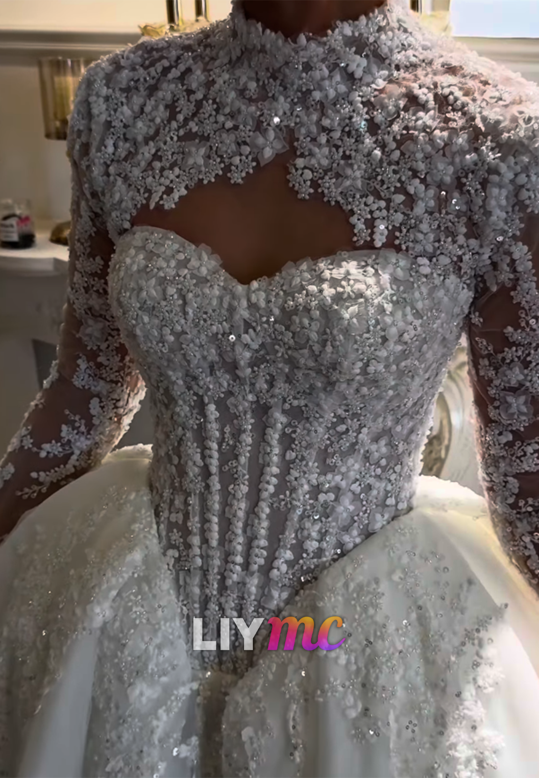 Long Sleeve Ball Gown Wedding Dress with Beaded Lace