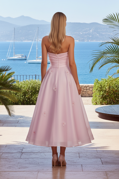 Strapless 3D Floral Applique Midi A-Line Dress