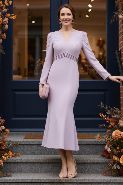 Long Sleeve Midi Trumpet Dress with Beaded Shoulders
