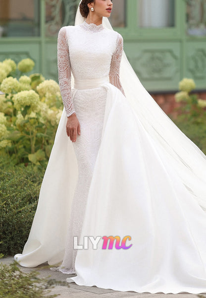 High Neck Lace Wedding Dress with Detachable Overskirt