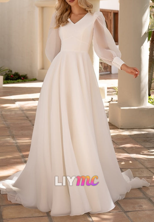 V-Neck A-Line Bridal Gown with Bishop Sleeves
