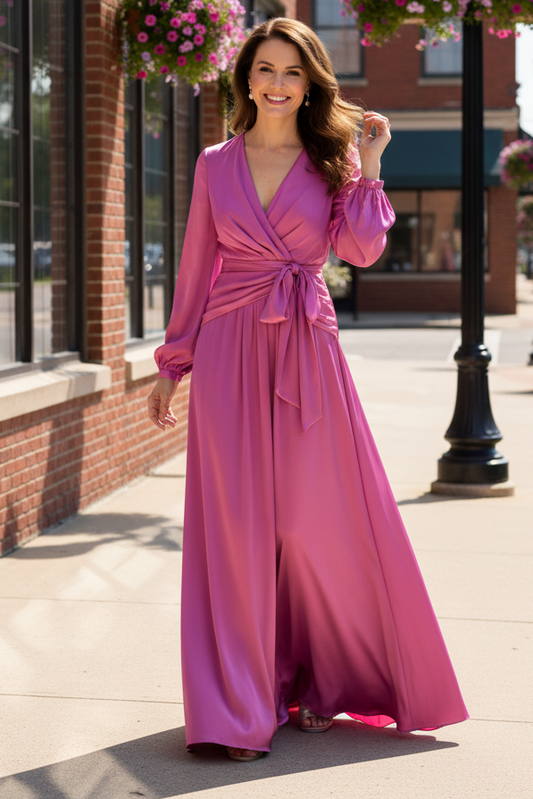 Elegant Satin Long Sleeve Wrap Maxi Dress
