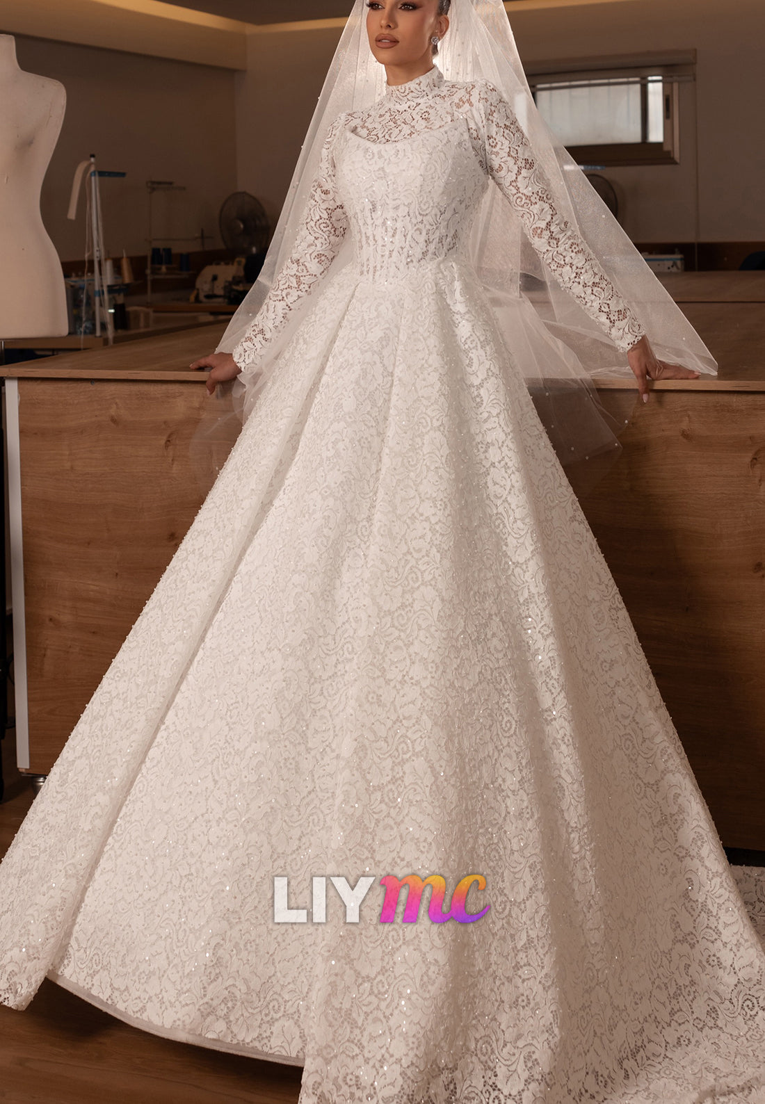 High Neck Lace A-Line Wedding Dress with Long Sleeves