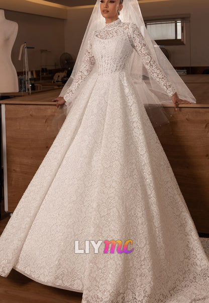 High Neck Lace A-Line Wedding Dress with Long Sleeves