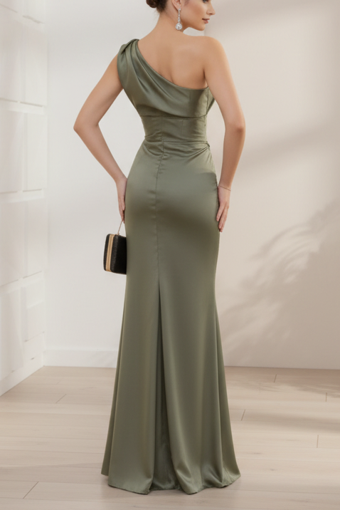 One-Shoulder Satin Ruched Evening Gown