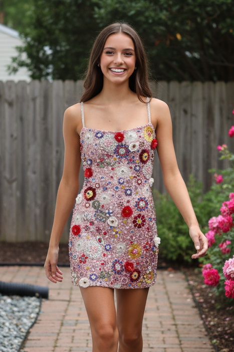 3D Floral Embellished Sequin Mini Dress