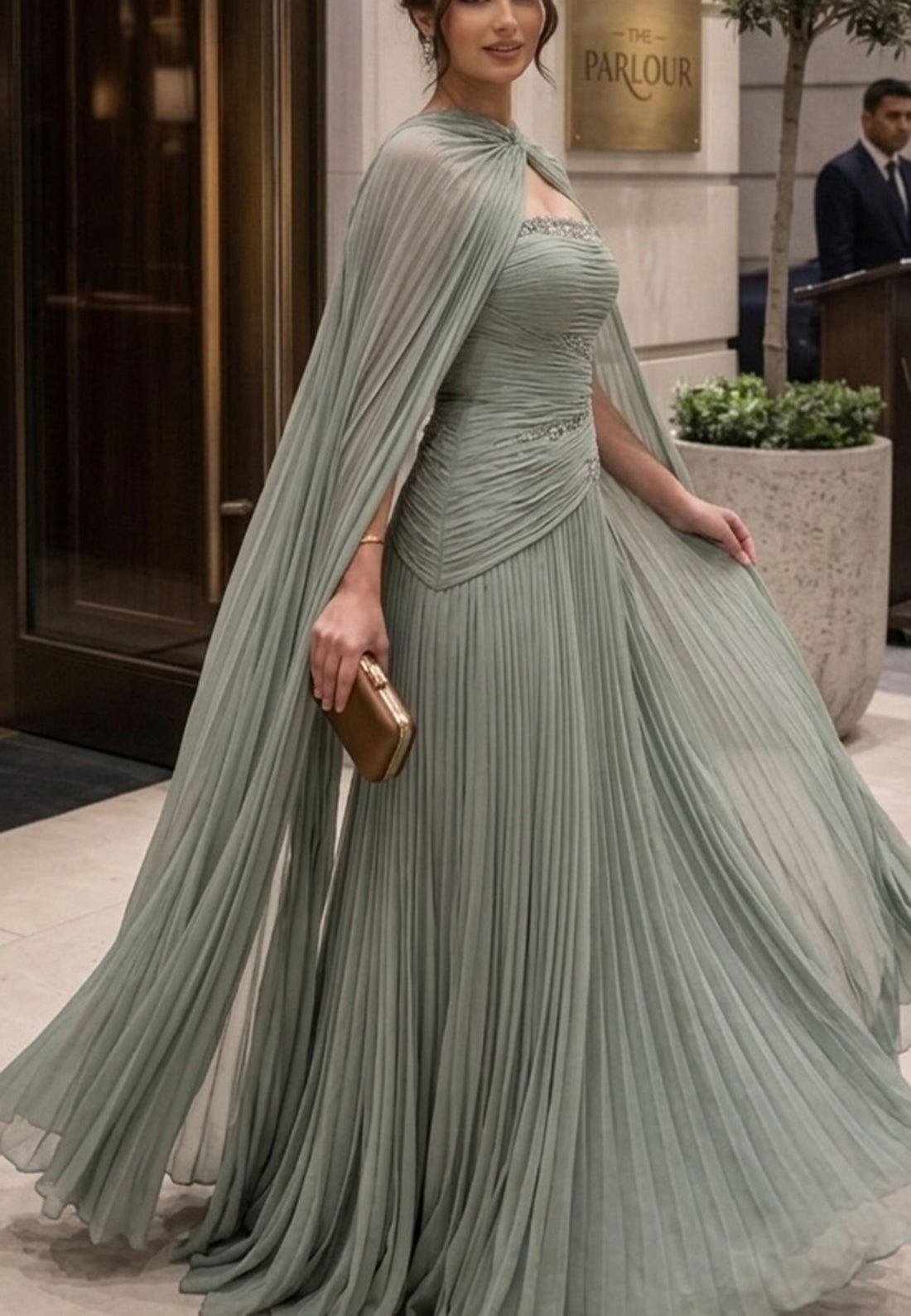 Cape Evening Gown with Beaded Waist and Keyhole Neckline