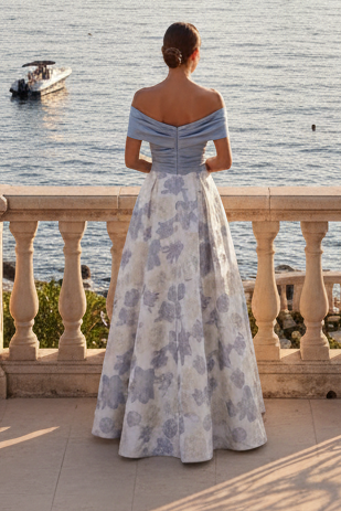 Off-the-Shoulder Floral Jacquard Gown with Slit
