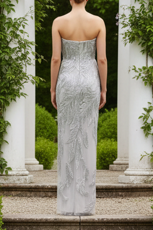 Strapless Embroidered Column Evening Gown