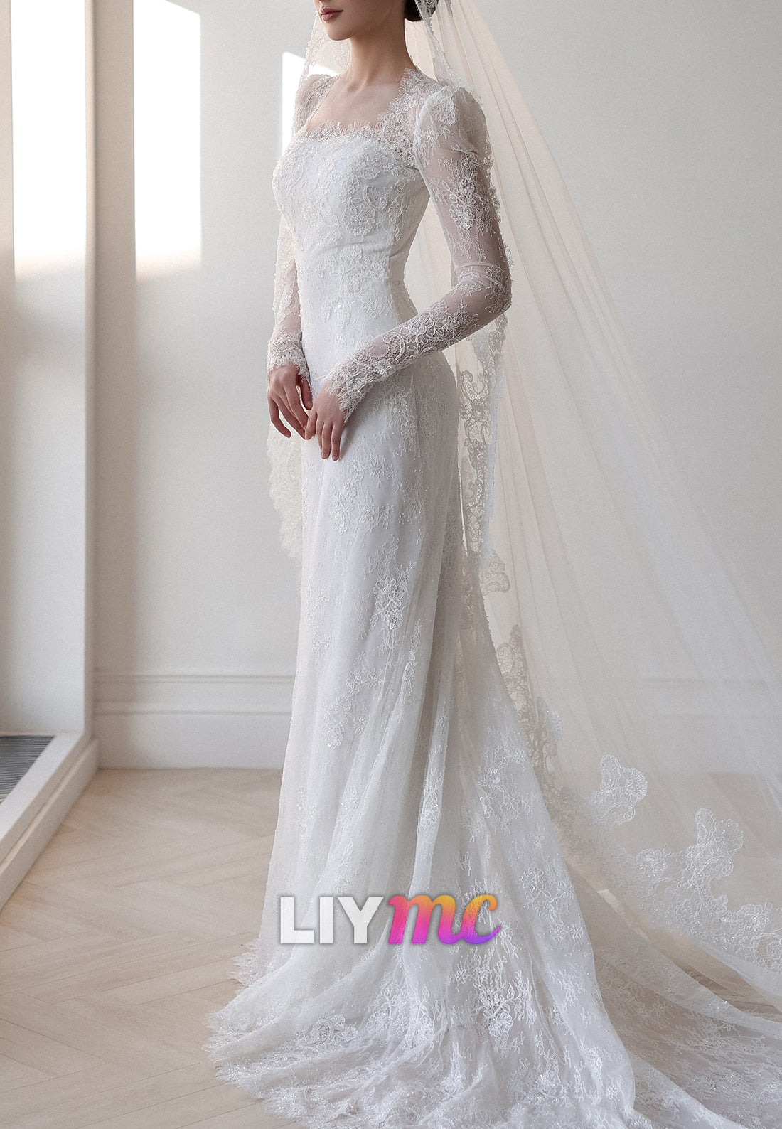 Long Sleeve Lace Wedding Dress with Detachable Train